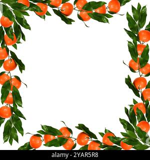 Disposizione degli spigoli dei tangerini con foglie (collage). Cornice quadrata di clemantine fresche mature isolate su sfondo bianco, spazio di copia. Foto Stock