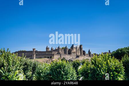 Panorama preso dal ponte al castello di Carcassonne, dipartimento dell'Aude, Francia. Foto Stock