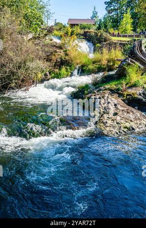 Vista di una cascata al Brewery Park di Tumwater, Washington. Foto Stock