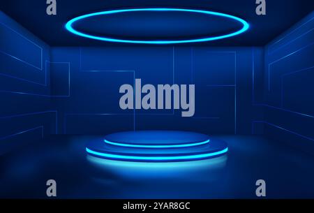 Futuristico studio 3D con podio vuoto e lampada rotonda al neon Illustrazione Vettoriale