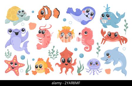 Personaggi dei cartoni animati marini, abitanti dell'oceano, isolati su sfondo bianco Illustrazione Vettoriale