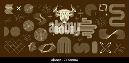 Contorni geometrici e forme in stile boho. Set di forme geometriche universali. Raccolta di risorse grafiche vettoriali Illustrazione Vettoriale