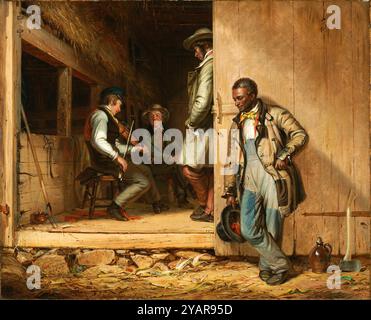 The Power of Music 1847 di William Sidney Mount (American, 1807–1868) America, XIX secolo ambientato nella campagna di Long Island prima della guerra civile, il complesso dipinto di Mount presenta un operaio afroamericano che ascolta intensamente una melodia di violino apprezzata dagli uomini bianchi. Mentre l'amore per la musica unisce le figure in un legame di umanità condivisa, le due razze occupano spazi diversi - uno all'interno, uno all'esterno, entrambi separati da una porta fienile - - simboleggiando efficacemente le divisioni pronunciate in America all'epoca. Foto Stock