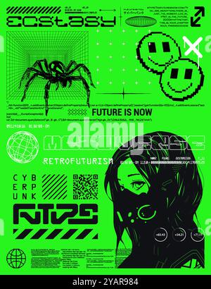 Poster acido in stile futuristico con anime girl in stile cyberpunk Illustrazione Vettoriale
