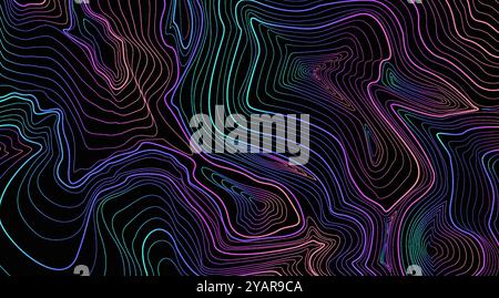 Contorno retrofuturistico di una mappa di rilievo surreale. Pattern caratterizzato da glitch ed effetti fluidi Illustrazione Vettoriale