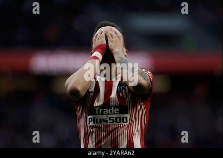 Saúl Ñíguez dell'Atletico de Madrid reagisce ad un'occasione persa durante la partita di LaLiga 2018/19 tra Atletico de Madrid e Girona , a Wanda Metr Foto Stock