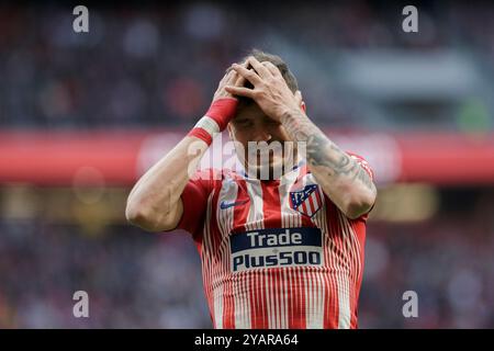 Saúl Ñíguez dell'Atletico de Madrid reagisce ad un'occasione persa durante la partita di LaLiga 2018/19 tra Atletico de Madrid e Girona , a Wanda Metr Foto Stock
