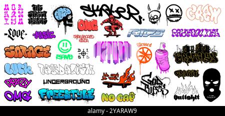 Graffiti di strada e mura urbane, cultura hip hop nella Street art Illustrazione Vettoriale