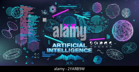 Intelligenza artificiale olografica nella testa umanoide. Visualizzazione futuristica intelligenza artificiale. Vettore Cyberpunk 3D. Illustrazione Vettoriale