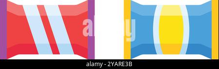 Scopri le vivaci opzioni di confezionamento a flusso continuo per barrette di caramelle, barrette proteiche e barrette di muesli in rosso, blu, giallo e bianco. Perfetto per la presentazione Illustrazione Vettoriale