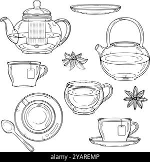 Set con teiere e tazze da tè Illustrazione Vettoriale