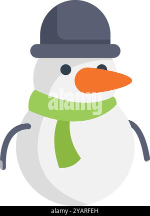 Classico pupazzo di neve che indossa una sciarpa verde e un cappello nero, che rappresenta la gioia e la magia dell'inverno Illustrazione Vettoriale