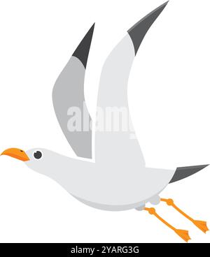 Illustrazione a cartoni animati di un gabbiano bianco che vola con le sue ali sparse, mostrando la sua intera apertura alare. Perfetto per progetti legati alla natura, agli uccelli e. Illustrazione Vettoriale