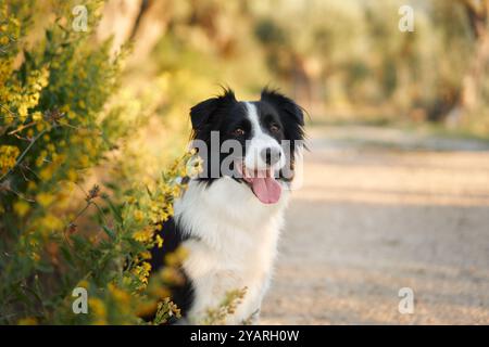 Un collie di confine si trova parzialmente nascosto tra i cespugli lungo un percorso illuminato dal sole. Foto Stock