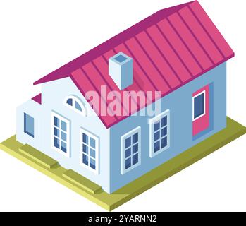 Proiezione isometrica di una moderna casa suburbana con tetto rosa, facciata bianca e prato verde. Perfetto per immobili o architettura Illustrazione Vettoriale
