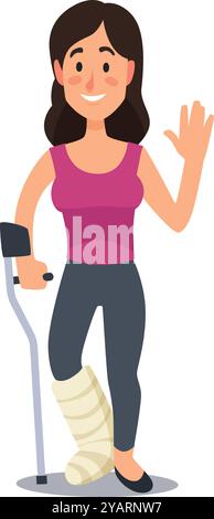 La giovane donna è in piedi e sorride con la gamba rotta in un gesso, mentre usa le stampelle e sventola la mano, mostrando il suo atteggiamento positivo nei confronti Illustrazione Vettoriale