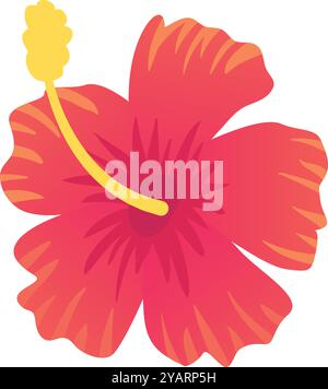 Il bellissimo fiore rosso di ibisco con una stinca gialla fiorisce nel caldo estivo. I petali sono di colore rosso intenso con venature arancioni e il centro del Illustrazione Vettoriale
