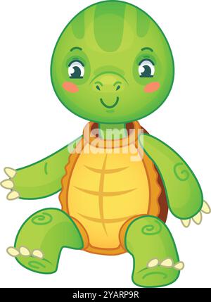 Graziosa tartaruga cartoni animati con un'espressione felice, perfetta per progetti per bambini Illustrazione Vettoriale