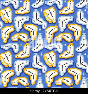 Pattern di orologi senza interruzioni in uno stile surrealistico. Time Warp Wonderland: Orologi surrealistici pattern senza cuciture per design accattivanti. Foto Stock