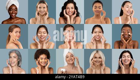 Donne diverse che praticano la cura della pelle in un luminoso ambiente da studio Foto Stock