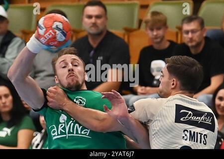 Karvina, Repubblica Ceca. 15 ottobre 2024. Da sinistra Dominik Solak di Karvina, Kay Smits di Flensburg in azione durante la partita di Lega europea di pallamano maschile del gruppo G 2 ° turno partita: Karvina vs Flensburg a Karvina, Repubblica Ceca, 15 ottobre 2024. Crediti: Jaroslav Ozana/CTK Photo/Alamy Live News Foto Stock