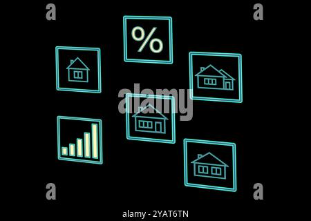 Immobili. Case e segno di percentuale su sfondo nero, illustrazione Foto Stock