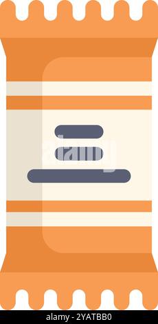 La confezione flow pack arancione con etichetta per spuntini o caramelle è appoggiata su sfondo bianco Illustrazione Vettoriale