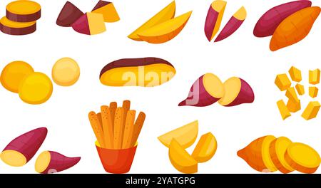 Cartoni di patate dolci. Tagliate e fette di batata crude, bastoncini di patate fritte. Cibo fresco vegano, l'agricoltura vende verdure di mercato vettore neoterico Illustrazione Vettoriale