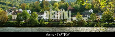 Scenografica area residenziale sul fiume Neckar a Heidelberg, Germania. Ampio panorama con l'acqua del fiume che riflette la luce del sole in primo piano Foto Stock