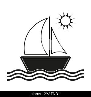 Icona della barca a vela. Sole e onde. Simbolo del vettore nautico. Design a vela nero. Illustrazione Vettoriale