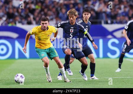 Saitama Stadium 2002, Saitama, Giappone. 15 ottobre 2024. (Da L a R) Patrick YAZBEK (AUS), Hidemasa Morita, Ao Tanaka (JPN), 15 OTTOBRE 2024 - calcio/calcio : Coppa del mondo FIFA 2026 Asian Qualifier Final Round gruppo C partita tra Giappone - Australia al Saitama Stadium 2002, Saitama, Giappone. Crediti: YUTAKA/AFLO SPORT/Alamy Live News Foto Stock