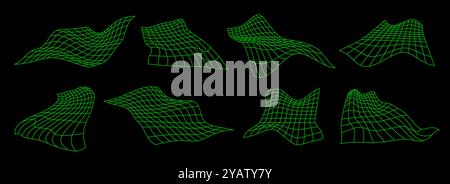 Set di griglie distorte al neon verde. Raccolta di wireframe increspati. Fascio di piani rettangolari ondulati. Pacchetto di elementi geometrici futuristici per poster, volantini, collage, template. Superficie mesh astratta vettoriale Illustrazione Vettoriale
