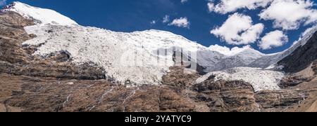 Il monte Togolung alto 6773 m, a sinistra, e il monte Nojin Kangsang alto 7206 m e il ghiacciaio, a destra, sono visibili verso il passo Karo-la nell'Himalaya Lhagoi K Foto Stock