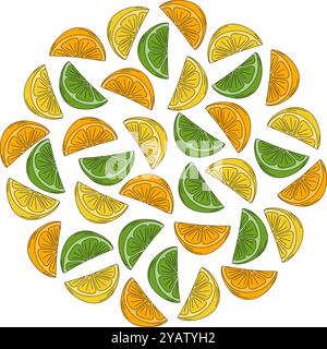 Colorate fette di limone, lime e arancio in uno stile minimalista alla moda. Texture sfondo arrotondato. Pop art Schede illustrative vettoriali isolate, poster, opuscoli, banner, saluti, prezzo, etichetta o promozione web Illustrazione Vettoriale