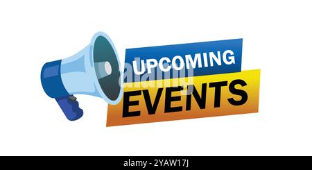 Messaggio di testo megafono "prossimi eventi". Mano maschile che tiene il megafono con la bolla del discorso dei prossimi eventi. Banner per aziende, marketing. Illustrazione Vettoriale