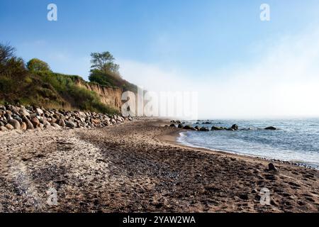 Spiaggia con rocce e una piccola nebbia in una giornata primaverile nel nord della Germania sul Mar Baltico. Foto Stock