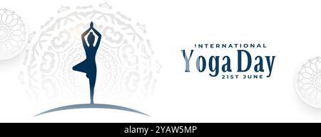giornata internazionale di yoga, stendardo bianco donna in surya namaskar vettore di postura Illustrazione Vettoriale