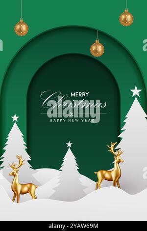 Design dello sfondo vettoriale dei saluti natalizi. Testo di auguri natalizi con pino, canna da zucchero e scatole regalo ornamenti ed elementi decorativi Illustrazione Vettoriale