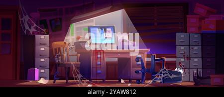 Interni abbandonati e rotti di un ufficio investigativo con mobili danneggiati, schizzi di sangue, gambe di un uomo sdraiato, rete di cobweb. Illustrazione vettoriale del cartone animato della stanza dell'ufficio di polizia schiantata. Disordine nell'armadio degli investigatori. Illustrazione Vettoriale