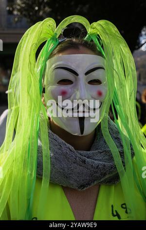 Le proteste gilet gialle continuano in Francia per la decima settimana consecutiva contro il governo del presidente Emmanuel Macron. Oltre alle migliaia di dimostranti gilet gialli a Parigi, circa 800 manifestanti si sono radunati nella città di Forcalquier, nel sud-est della Francia, sede del ministro degli interni francese Christophe Castaner. La gendarmeria ha impedito ai manifestanti di raggiungere la casa di Castaner. Le proteste contro i gilet gialli sono iniziate a novembre per l'aumento delle tasse sul carburante, e sebbene le tasse sul carburante siano state rimosse successivamente, le proteste continuano contro le riforme economiche del presidente Macron. Du Foto Stock