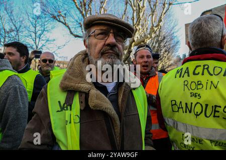 Le proteste gilet gialle continuano in Francia per la decima settimana consecutiva contro il governo del presidente Emmanuel Macron. Oltre alle migliaia di dimostranti gilet gialli a Parigi, circa 800 manifestanti si sono radunati nella città di Forcalquier, nel sud-est della Francia, sede del ministro degli interni francese Christophe Castaner. La gendarmeria ha impedito ai manifestanti di raggiungere la casa di Castaner. Le proteste contro i gilet gialli sono iniziate a novembre per l'aumento delle tasse sul carburante, e sebbene le tasse sul carburante siano state rimosse successivamente, le proteste continuano contro le riforme economiche del presidente Macron. Du Foto Stock