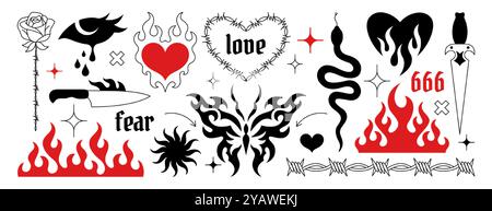 Set di adesivi per tatuaggi gotici Y2K. Elementi artistici neo-tribali, farfalla goth emo alla moda, fiamma del fuoco, cuore ardente, filo spinato, fiori di rosa e lacrime. Icona neotribica nera e rossa del cyber sigilismo disegnata a mano Illustrazione Vettoriale