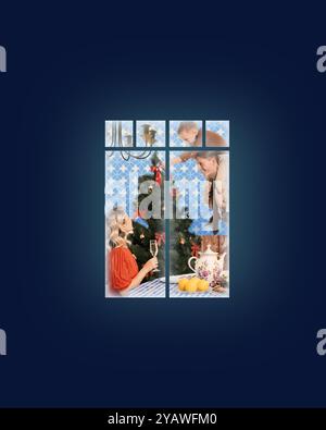 Collage d'arte contemporanea. Famiglia che decora insieme l'albero di Natale, visto dalla finestra. L'uomo solleva il bambino per mettere l'ornamento mentre la madre si diverte a bere. Foto Stock