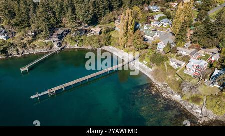 Vista aerea del molo di Olga sull'isola di Orcas, Washington, Stati Uniti Foto Stock