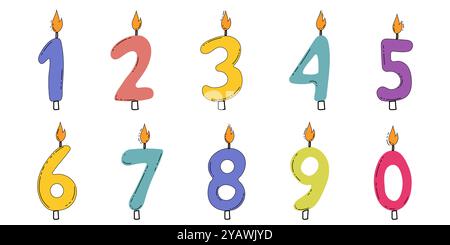 Le candele di compleanno contano un bel contorno a doodle, disegnate a mano. Imposta le decorazioni numerali delle feste con fiamma. . Illustrazione vettoriale Illustrazione Vettoriale