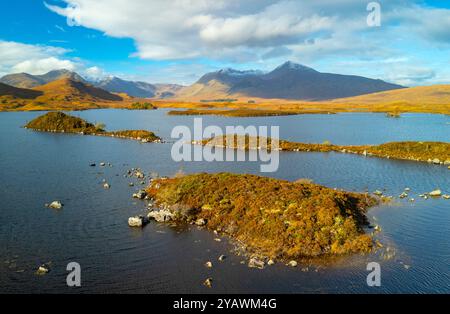 Vista aerea dal drone di piccole isole nel fogliame autunnale su Lochan na h-Achlaise su Rannoch Moor nelle Highlands scozzesi. Foto Stock
