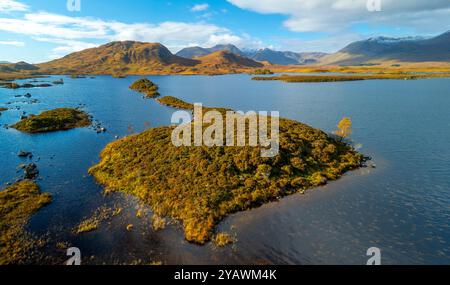 Vista aerea dal drone di piccole isole nel fogliame autunnale su Lochan na h-Achlaise su Rannoch Moor nelle Highlands scozzesi. Foto Stock