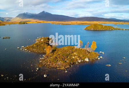 Vista aerea dal drone di piccole isole nel fogliame autunnale su Lochan na h-Achlaise su Rannoch Moor nelle Highlands scozzesi. Foto Stock