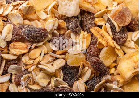 Un macro shot di un mix di muesli che viene spesso consumato a colazione in Europa. Ingredienti sani come avena e frutta rendono questo mix popolare Foto Stock