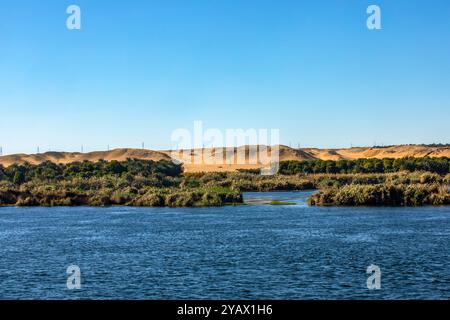 Vivi l'incredibile contrasto tra le lussureggianti rive del fiume e le sabbie dorate del deserto con una crociera sul Nilo. Osserva gli antichi templi e la vivace vita locale. Foto Stock